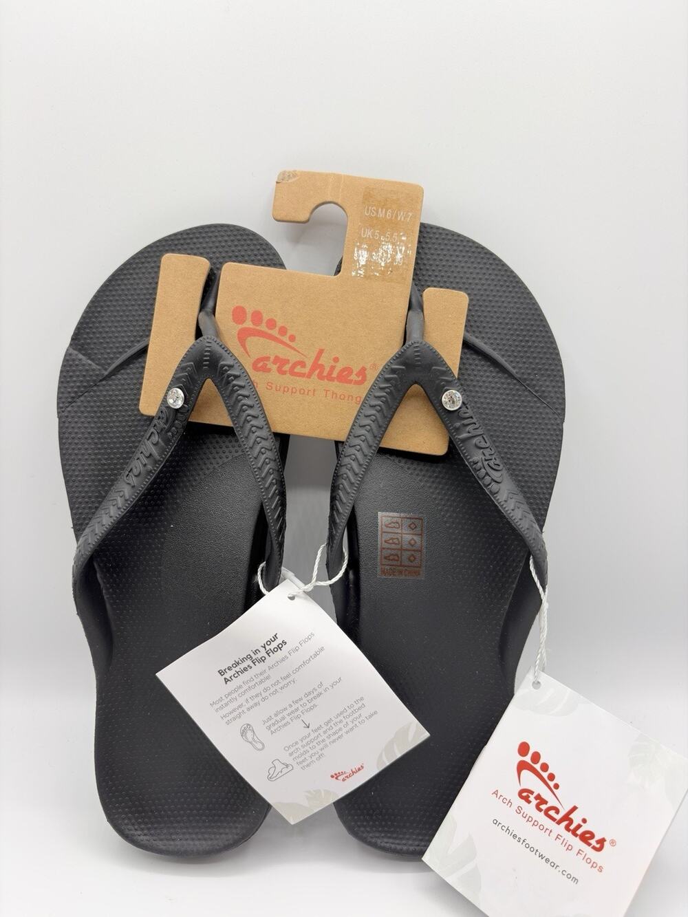Archies Flip Glop Sandals Unisex Sz M6 W7 Black Arch Support Therapy Crystal NWT